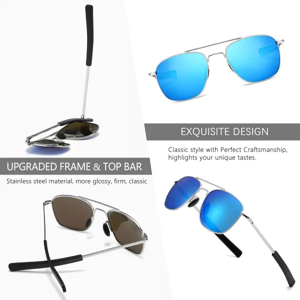 SUNGAIT Mens Military Style Polarized Pilot Aviator Sunglasses Bayonet TemplesSilver FrameBlue Mirrored Lens