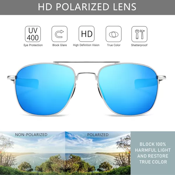 SUNGAIT Mens Military Style Polarized Pilot Aviator Sunglasses Bayonet TemplesSilver FrameBlue Mirrored Lens