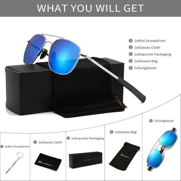 SUNGAIT Mens Military Style Polarized Pilot Aviator Sunglasses Bayonet TemplesSilver FrameBlue Mirrored Lens