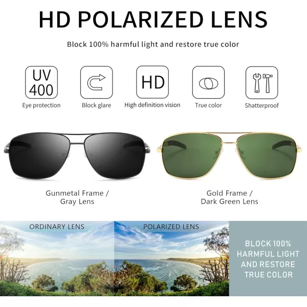 SUNGAIT Mens Polarized Square Aviator Sunglasses Durable Metal Frame for Fishing Driving Golf 100 UV Protection2 Pack Polarized GoldDark Green  GunmetalGray
