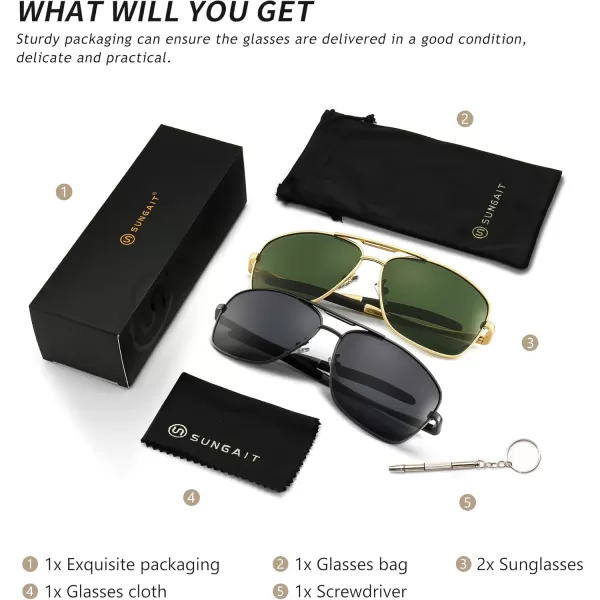 SUNGAIT Mens Polarized Square Aviator Sunglasses Durable Metal Frame for Fishing Driving Golf 100 UV Protection2 Pack Polarized GoldDark Green  GunmetalGray