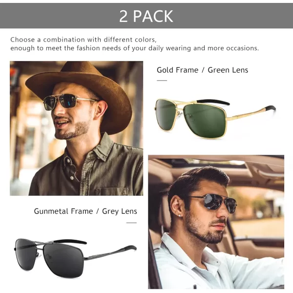SUNGAIT Mens Polarized Square Aviator Sunglasses Durable Metal Frame for Fishing Driving Golf 100 UV Protection2 Pack Polarized GoldDark Green  GunmetalGray
