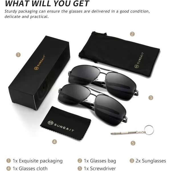 SUNGAIT Mens Polarized Square Aviator Sunglasses Durable Metal Frame for Fishing Driving Golf 100 UV Protection2 Pack Polarized Gunmetal Grey Gunmetal Grey