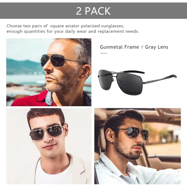 SUNGAIT Mens Polarized Square Aviator Sunglasses Durable Metal Frame for Fishing Driving Golf 100 UV Protection2 Pack Polarized Gunmetal Grey Gunmetal Grey