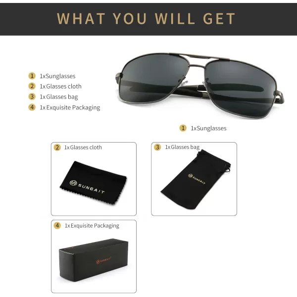 SUNGAIT Mens Polarized Square Aviator Sunglasses Durable Metal Frame for Fishing Driving Golf 100 UV Protection2024 Gunmetal FrameGrey Lens
