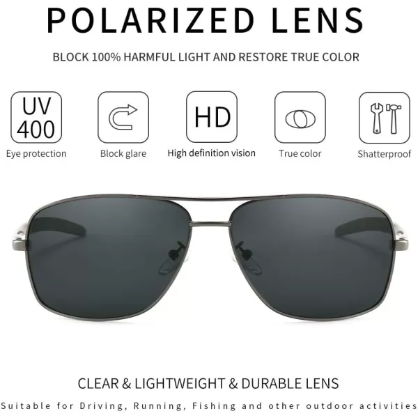SUNGAIT Mens Polarized Square Aviator Sunglasses Durable Metal Frame for Fishing Driving Golf 100 UV Protection2024 Gunmetal FrameGrey Lens