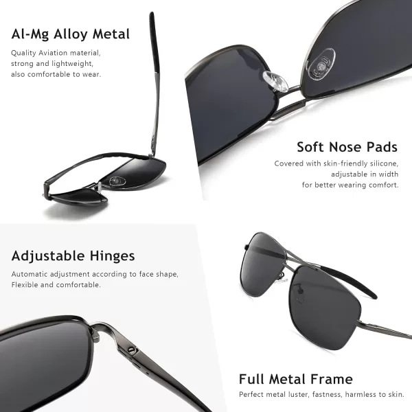 SUNGAIT Mens Polarized Square Aviator Sunglasses Durable Metal Frame for Fishing Driving Golf 100 UV Protection2024 Gunmetal FrameGrey Lens