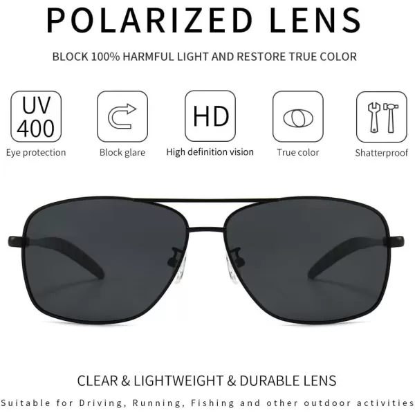 SUNGAIT Mens Polarized Square Aviator Sunglasses Durable Metal Frame for Fishing Driving Golf 100 UV ProtectionBlack FrameGrey Lens