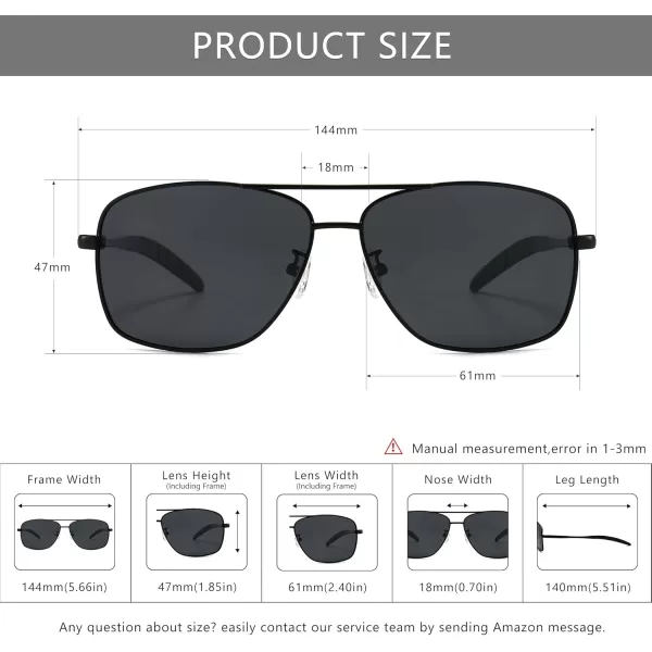 SUNGAIT Mens Polarized Square Aviator Sunglasses Durable Metal Frame for Fishing Driving Golf 100 UV ProtectionBlack FrameGrey Lens