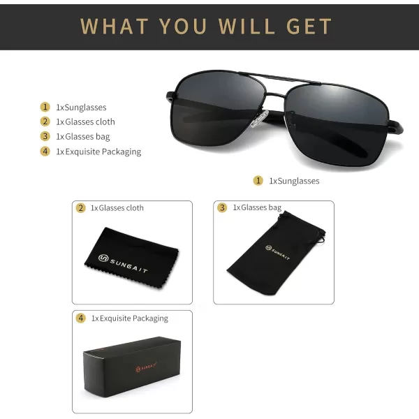 SUNGAIT Mens Polarized Square Aviator Sunglasses Durable Metal Frame for Fishing Driving Golf 100 UV ProtectionBlack FrameGrey Lens