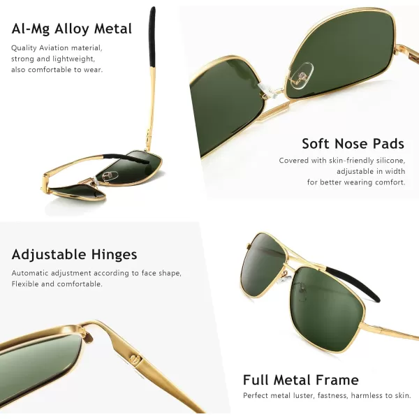 SUNGAIT Mens Polarized Square Aviator Sunglasses Durable Metal Frame for Fishing Driving Golf 100 UV ProtectionGold FrameGreen Lens