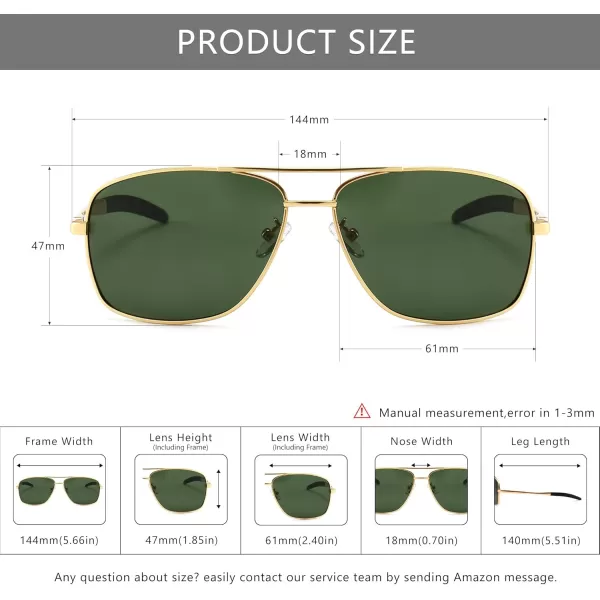 SUNGAIT Mens Polarized Square Aviator Sunglasses Durable Metal Frame for Fishing Driving Golf 100 UV ProtectionGold FrameGreen Lens