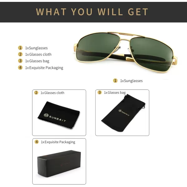 SUNGAIT Mens Polarized Square Aviator Sunglasses Durable Metal Frame for Fishing Driving Golf 100 UV ProtectionGold FrameGreen Lens