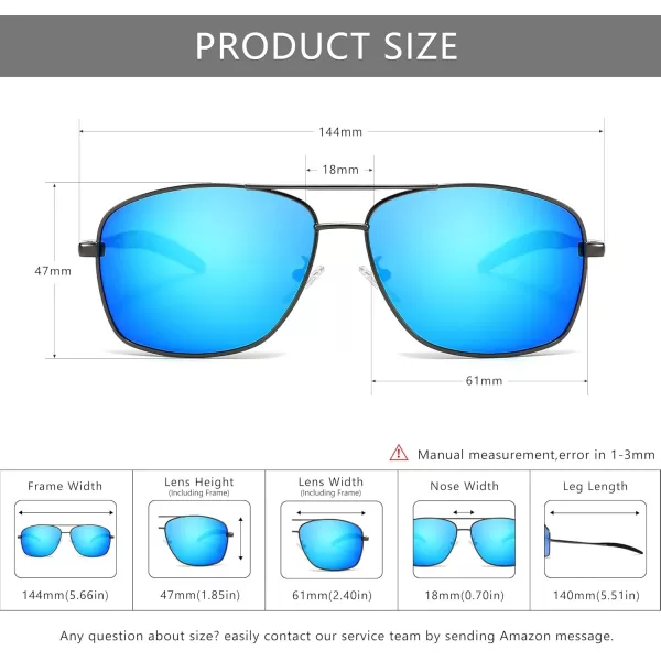 SUNGAIT Mens Polarized Square Aviator Sunglasses Durable Metal Frame for Fishing Driving Golf 100 UV ProtectionGunmetal FrameBlue Mirror Lens