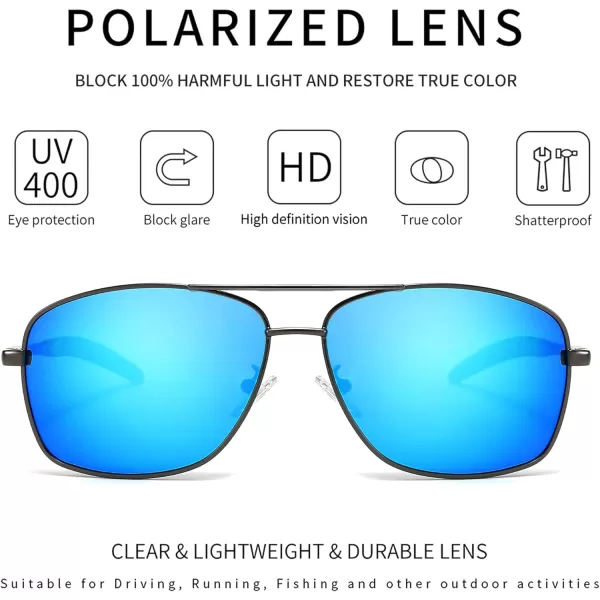 SUNGAIT Mens Polarized Square Aviator Sunglasses Durable Metal Frame for Fishing Driving Golf 100 UV ProtectionGunmetal FrameBlue Mirror Lens