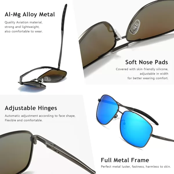 SUNGAIT Mens Polarized Square Aviator Sunglasses Durable Metal Frame for Fishing Driving Golf 100 UV ProtectionGunmetal FrameBlue Mirror Lens