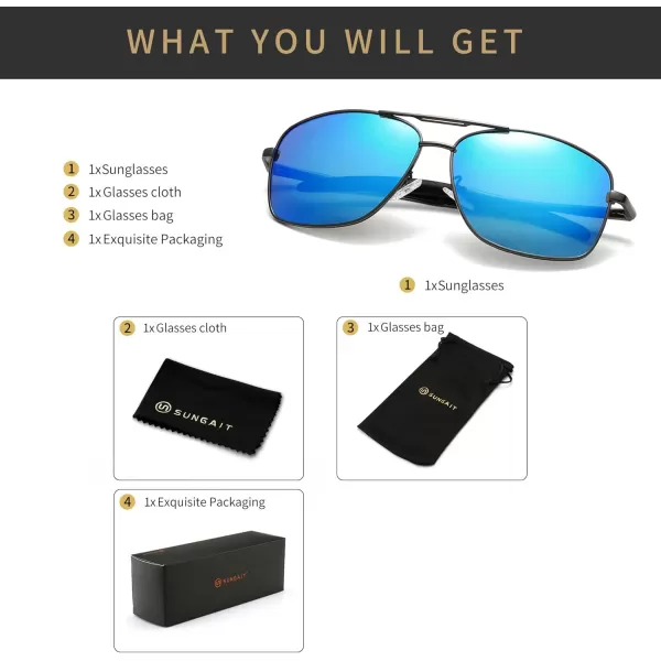 SUNGAIT Mens Polarized Square Aviator Sunglasses Durable Metal Frame for Fishing Driving Golf 100 UV ProtectionGunmetal FrameBlue Mirror Lens