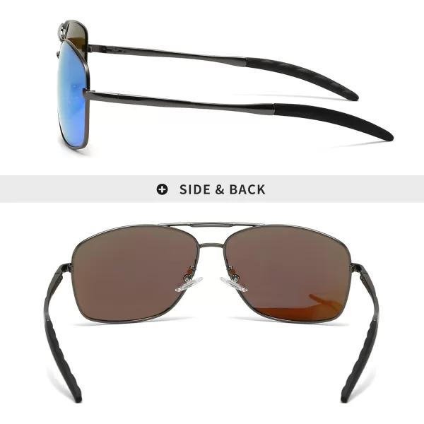 SUNGAIT Mens Polarized Square Aviator Sunglasses Durable Metal Frame for Fishing Driving Golf 100 UV ProtectionGunmetal FrameBlue Mirror Lens