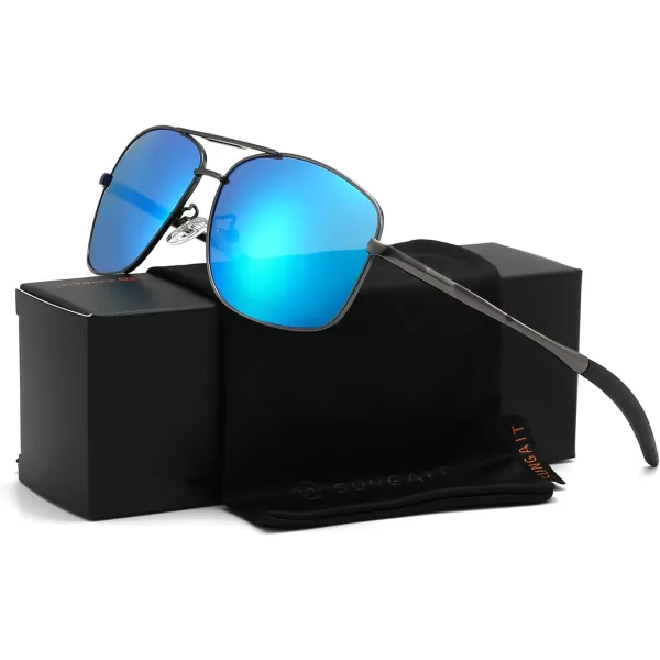 SUNGAIT Mens Polarized Square Aviator Sunglasses Durable Metal Frame for Fishing Driving Golf 100 UV ProtectionGunmetal FrameBlue Mirror Lens