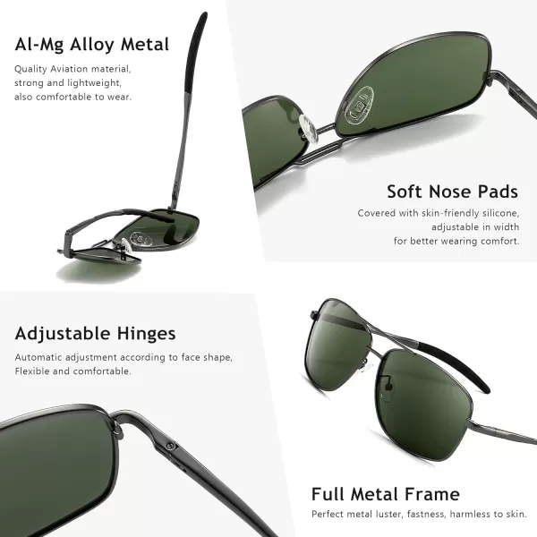 SUNGAIT Mens Polarized Square Aviator Sunglasses Durable Metal Frame for Fishing Driving Golf 100 UV ProtectionGunmetal FrameDark Green Lens