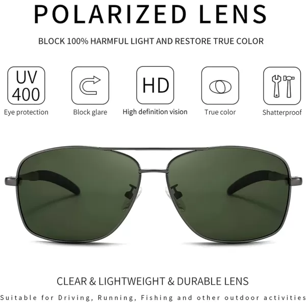 SUNGAIT Mens Polarized Square Aviator Sunglasses Durable Metal Frame for Fishing Driving Golf 100 UV ProtectionGunmetal FrameDark Green Lens
