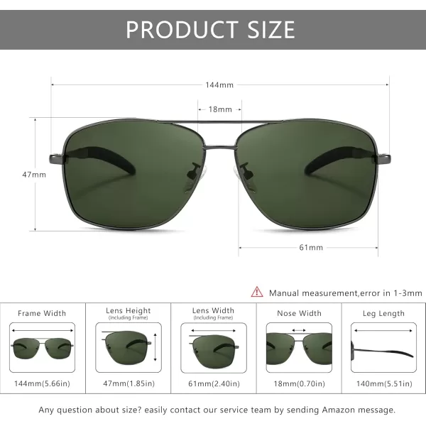 SUNGAIT Mens Polarized Square Aviator Sunglasses Durable Metal Frame for Fishing Driving Golf 100 UV ProtectionGunmetal FrameDark Green Lens