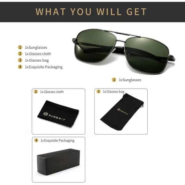 SUNGAIT Mens Polarized Square Aviator Sunglasses Durable Metal Frame for Fishing Driving Golf 100 UV ProtectionGunmetal FrameDark Green Lens