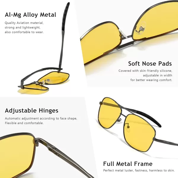 SUNGAIT Mens Polarized Square Aviator Sunglasses Durable Metal Frame for Fishing Driving Golf 100 UV ProtectionGunmetal FrameNight Vision Yellow