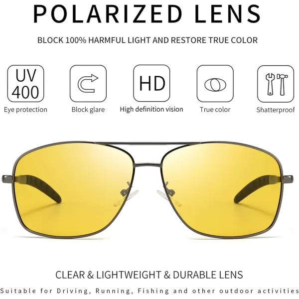 SUNGAIT Mens Polarized Square Aviator Sunglasses Durable Metal Frame for Fishing Driving Golf 100 UV ProtectionGunmetal FrameNight Vision Yellow