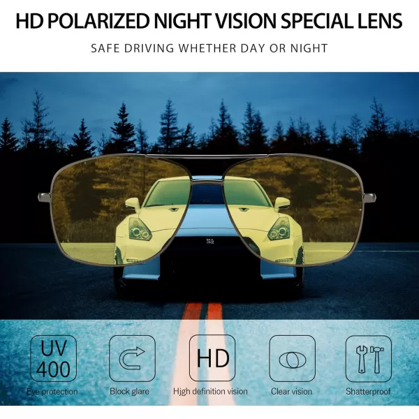 SUNGAIT Mens Polarized Square Aviator Sunglasses Durable Metal Frame for Fishing Driving Golf 100 UV ProtectionGunmetal FrameNight Vision Yellow