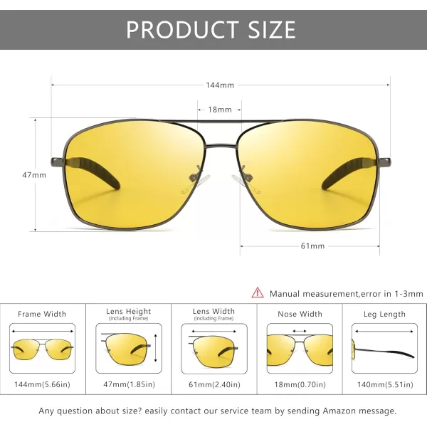 SUNGAIT Mens Polarized Square Aviator Sunglasses Durable Metal Frame for Fishing Driving Golf 100 UV ProtectionGunmetal FrameNight Vision Yellow