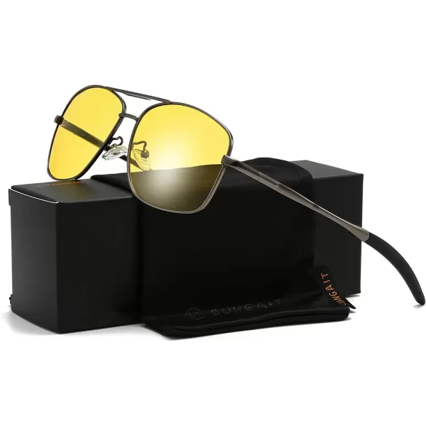SUNGAIT Mens Polarized Square Aviator Sunglasses Durable Metal Frame for Fishing Driving Golf 100 UV ProtectionGunmetal FrameNight Vision Yellow