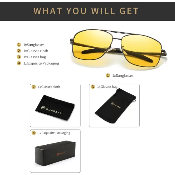 SUNGAIT Mens Polarized Square Aviator Sunglasses Durable Metal Frame for Fishing Driving Golf 100 UV ProtectionGunmetal FrameNight Vision Yellow