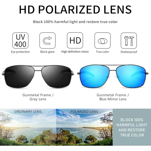 SUNGAIT Mens Polarized Square Aviator Sunglasses Durable Metal Frame for Fishing Driving Golf 100 UV ProtectionGunmetalGray  GunmetalBlue Mirrored