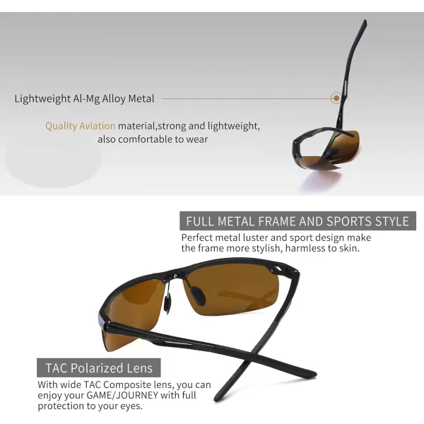 SUNGAIT Mens Women Polarized Sports Sunglasses Baseball Fishing Driving Sunglasses AlMg Frame UV400 ProtectionBlack FrameBrown Lens