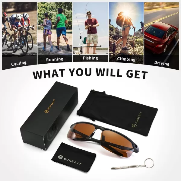 SUNGAIT Mens Women Polarized Sports Sunglasses Baseball Fishing Driving Sunglasses AlMg Frame UV400 ProtectionBlack FrameBrown Lens