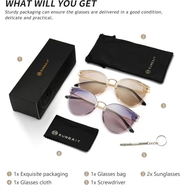 SUNGAIT Oversized Vintage Polarized Cat Eye Sunglasses for Women UV4002 Pack Transparent GreyPurple Gradienttransparent BrownLightbrown