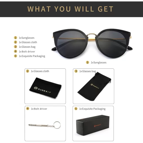 SUNGAIT Oversized Vintage Polarized Cat Eye Sunglasses for Women UV400Black Frame Glossy FinishGrey Lens