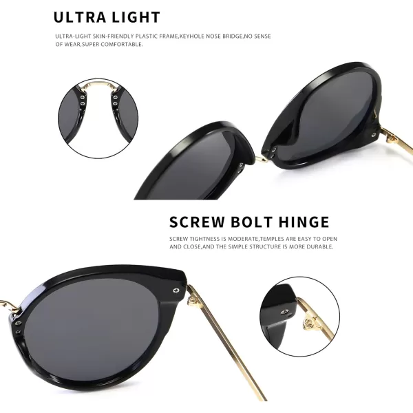 SUNGAIT Oversized Vintage Polarized Cat Eye Sunglasses for Women UV400Black Frame Glossy FinishGrey Lens
