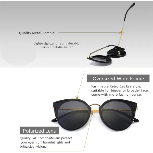 SUNGAIT Oversized Vintage Polarized Cat Eye Sunglasses for Women UV400Black Frame Glossy FinishGrey Lens