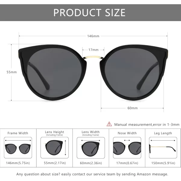 SUNGAIT Oversized Vintage Polarized Cat Eye Sunglasses for Women UV400Black Frame Glossy FinishGrey Lens