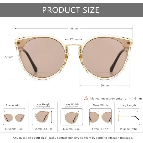 SUNGAIT Oversized Vintage Polarized Cat Eye Sunglasses for Women UV400Transparent Brown FrameLightbrown Lens