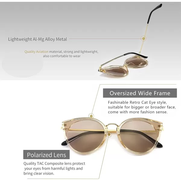 SUNGAIT Oversized Vintage Polarized Cat Eye Sunglasses for Women UV400Transparent Brown FrameLightbrown Lens