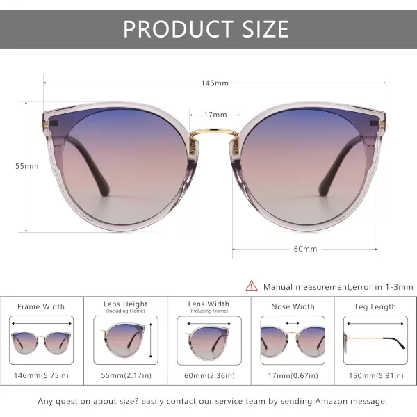 SUNGAIT Oversized Vintage Polarized Cat Eye Sunglasses for Women UV400Transparent Grey FramePurple Gradient Lens