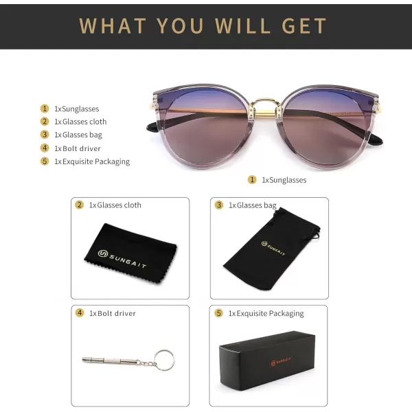 SUNGAIT Oversized Vintage Polarized Cat Eye Sunglasses for Women UV400Transparent Grey FramePurple Gradient Lens