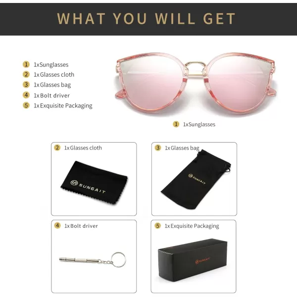SUNGAIT Oversized Vintage Polarized Cat Eye Sunglasses for Women UV400Transparent Pink FramePink Mirrored Lens
