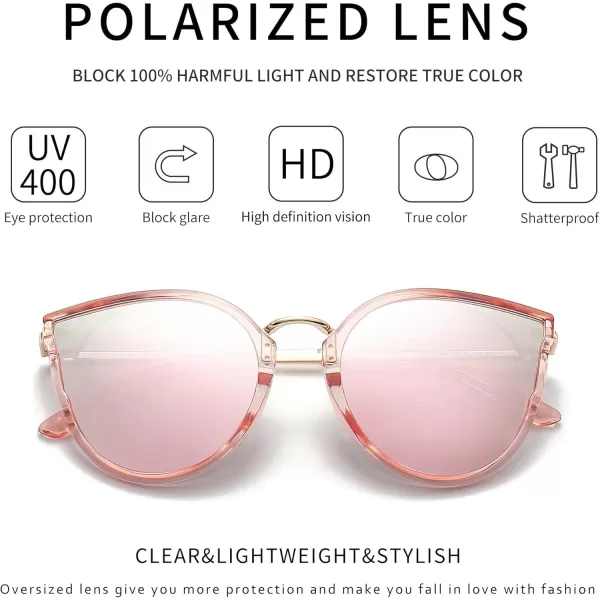 SUNGAIT Oversized Vintage Polarized Cat Eye Sunglasses for Women UV400Transparent Pink FramePink Mirrored Lens
