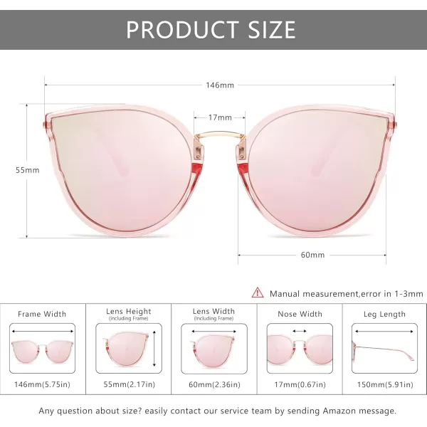 SUNGAIT Oversized Vintage Polarized Cat Eye Sunglasses for Women UV400Transparent Pink FramePink Mirrored Lens