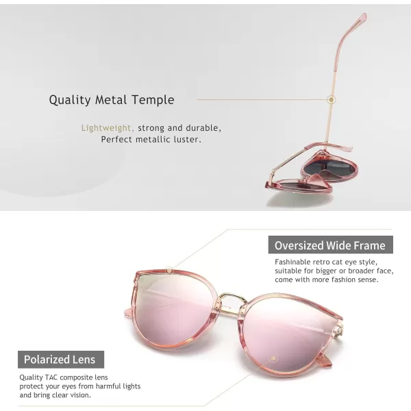 SUNGAIT Oversized Vintage Polarized Cat Eye Sunglasses for Women UV400Transparent Pink FramePink Mirrored Lens