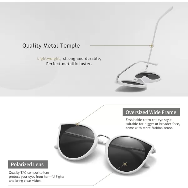 SUNGAIT Oversized Vintage Polarized Cat Eye Sunglasses for Women UV400White FrameGrey Lens
